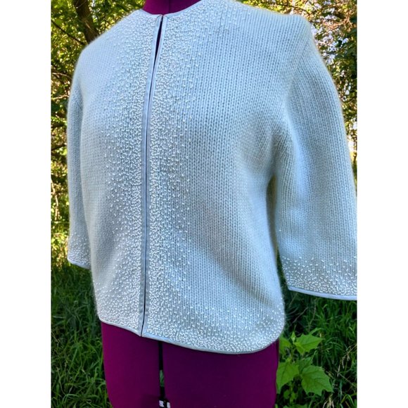 Vintage Angora Seed bead Light Blue Knit Sweater cardigan Hong Kong Medium - Picture 14 of 16